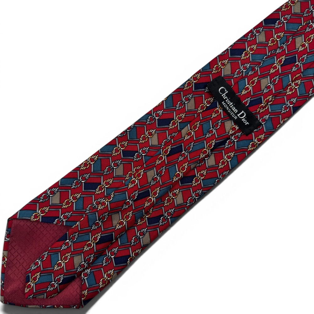 Christian Dior Monsieur 100% Silk Tie Red Blue Chain Link Vintage Made in USA